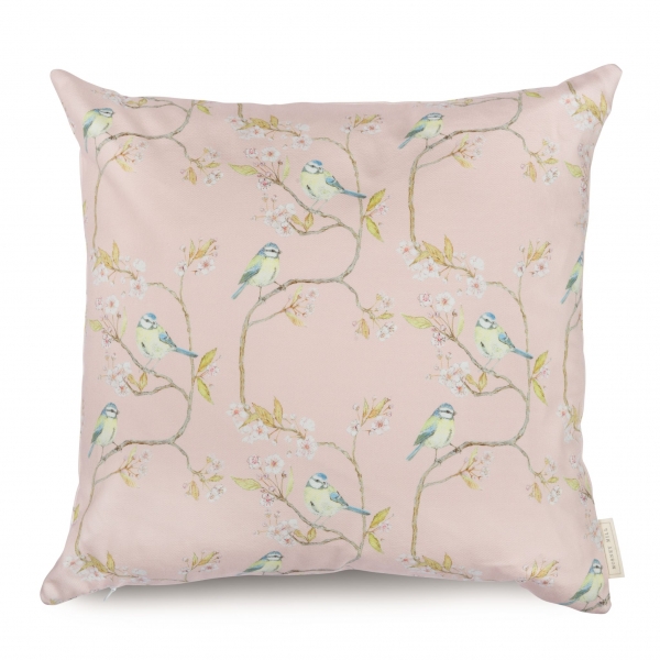 Blue tit on blossom pink cotton cushion