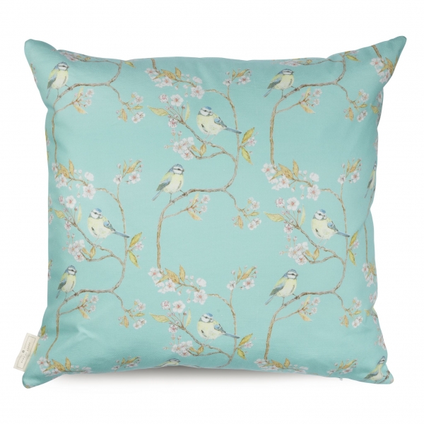 Turquoise Blue Tit o Blossom Cotton Cushion