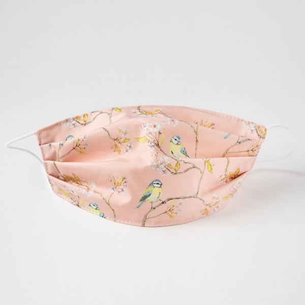 Pink cotton facemask with blue tit on blossom print