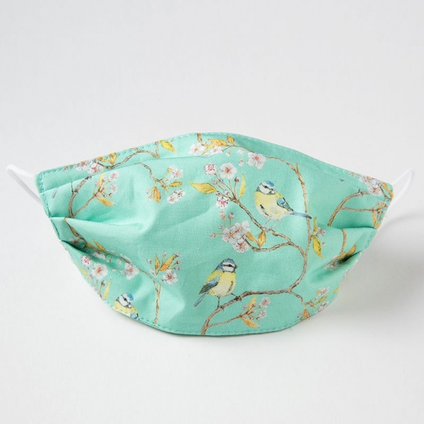 Turquoise cotton facemask with blue tit on blossom print
